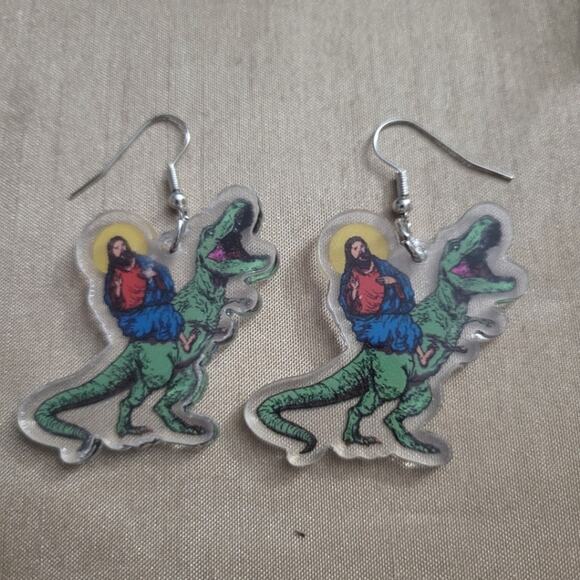 Funny Jesus T Rex dinosaur earrings - Picture 1 of 2